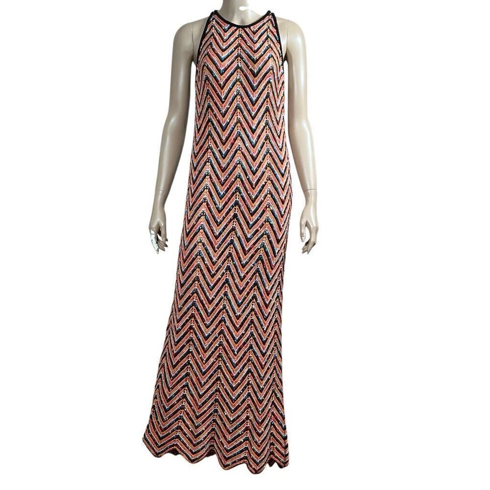 Zara Knit Multicolor Chevron Maxi zigzag Dress Sleeveless Crochet Style Size M (